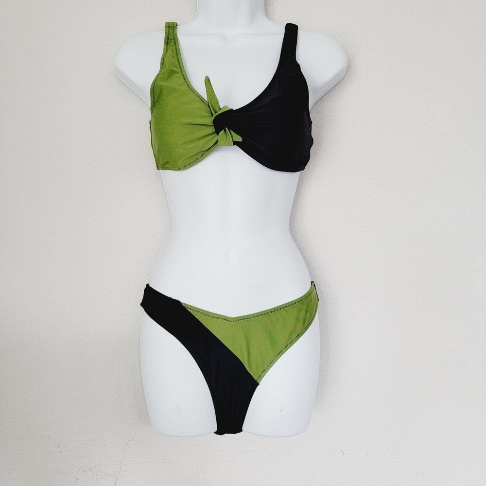 NEW Cupshe Woman's Black Green Bikini Medium Thong Color Block